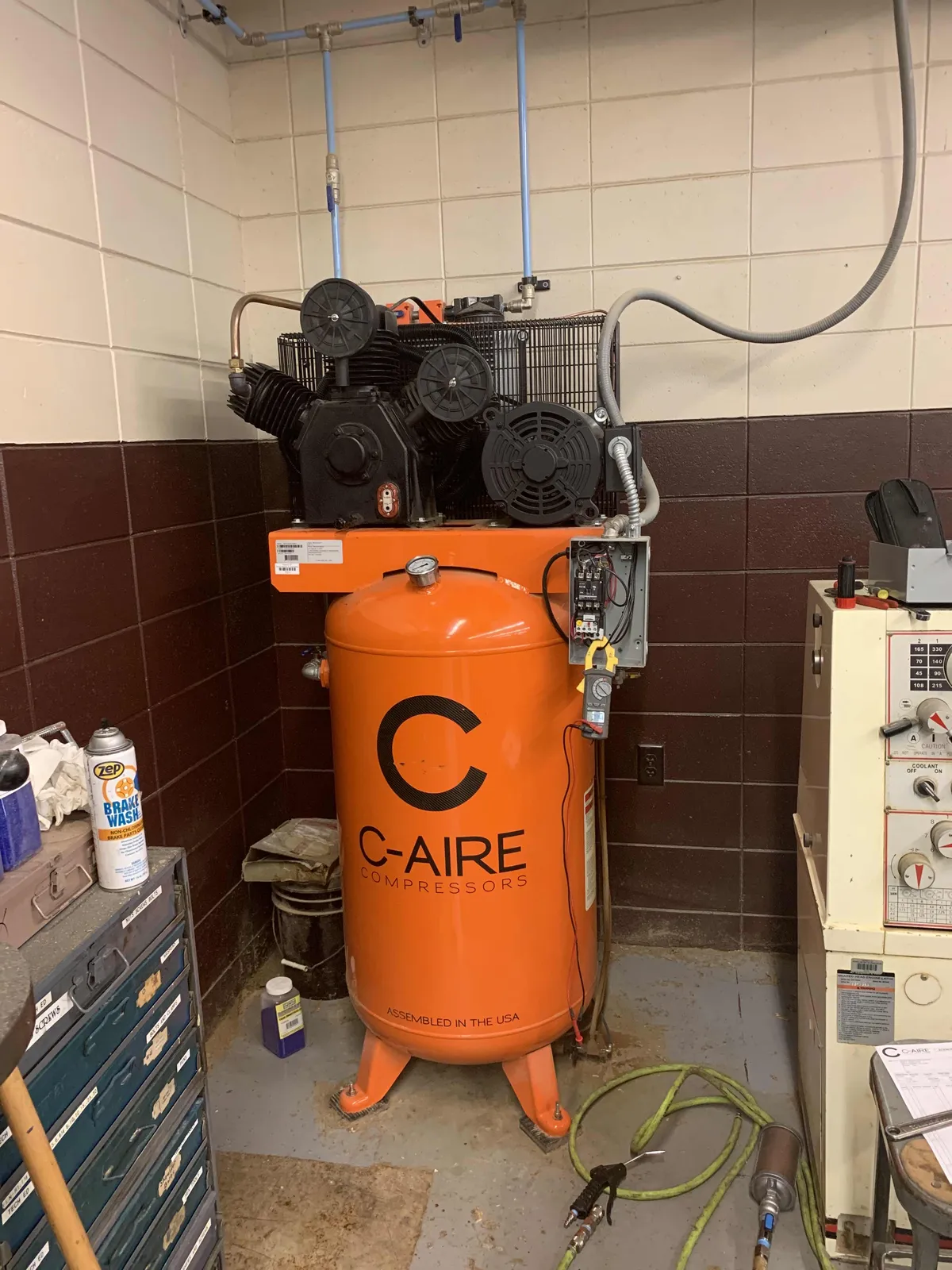 C-Aire 7.5 HP 80 Gal Vertical Air Compressor (Fully Packaged) installed at Grantsburg WI High School